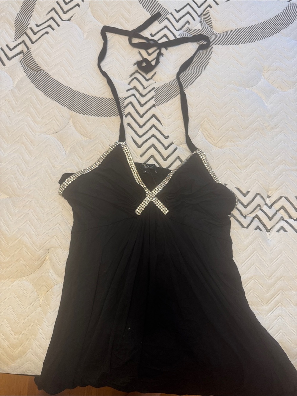 Sky Black Halter Camisole with Rhinestone Trim